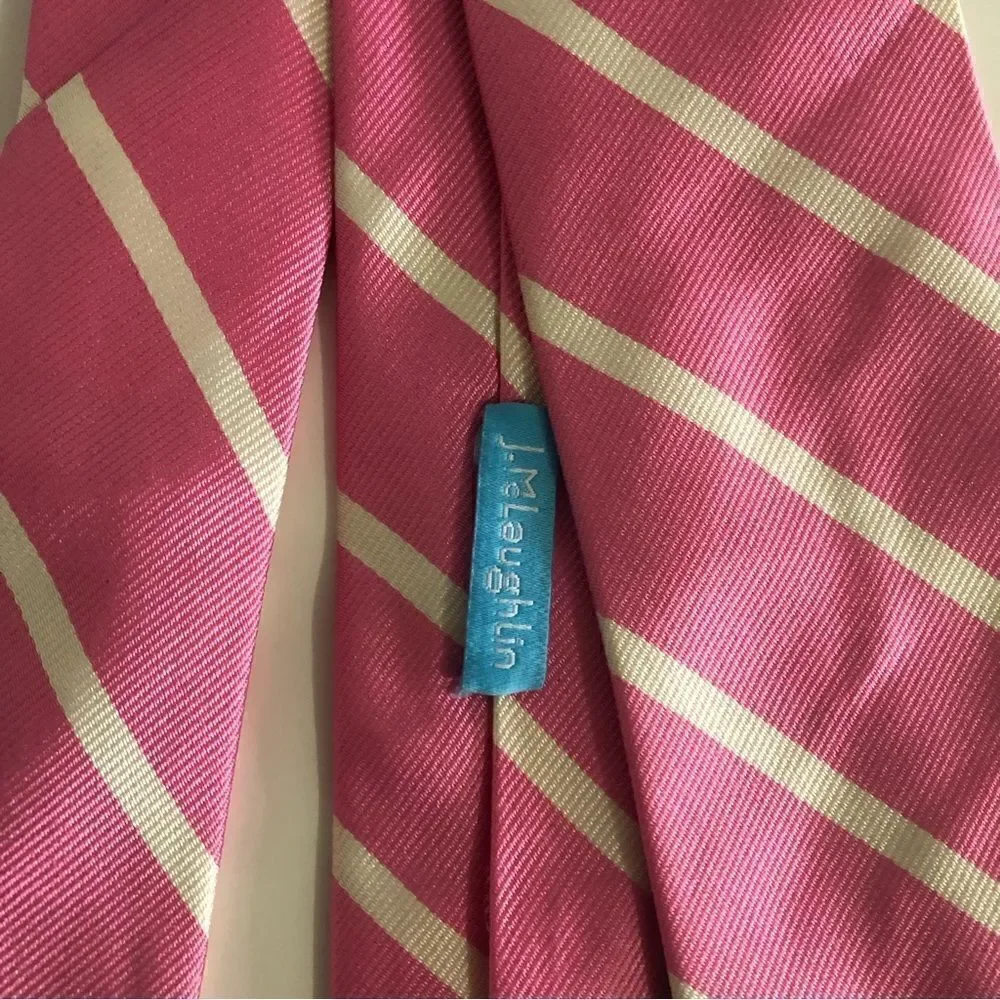 J. Mclaughlin Silk Striped‎ Necktie 100% Silk Pink/White Classic Tie